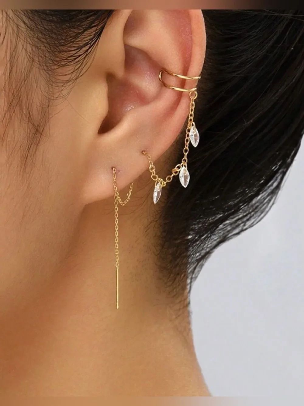 Gold Chain Drop Earrings with Clear Crystal Accents A2093
